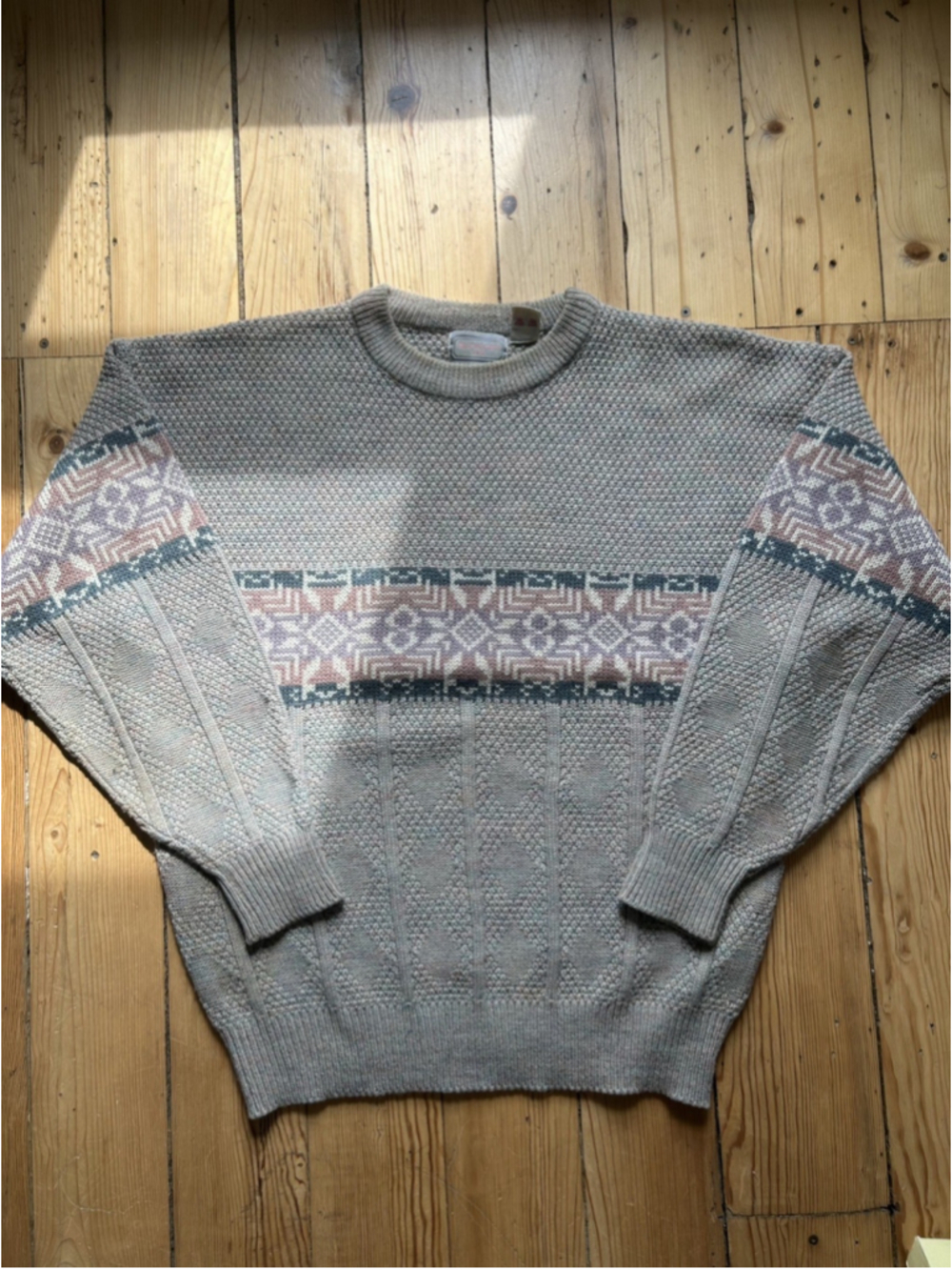 Vintage Knit Sweater Pink Gray Aztec Wool Blend Medium